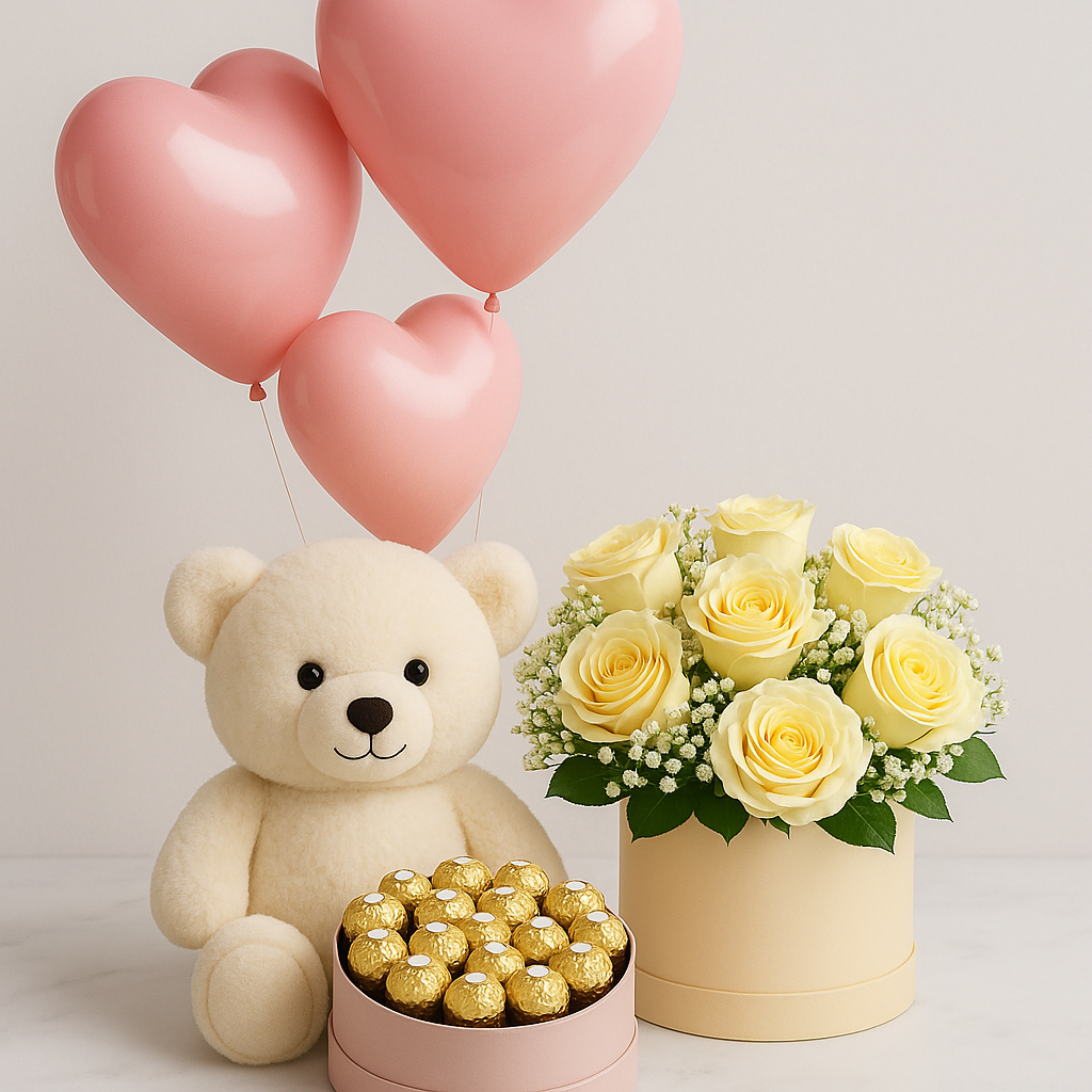 Amor Dorado – Oso, Rosas Amarillas y Chocolates