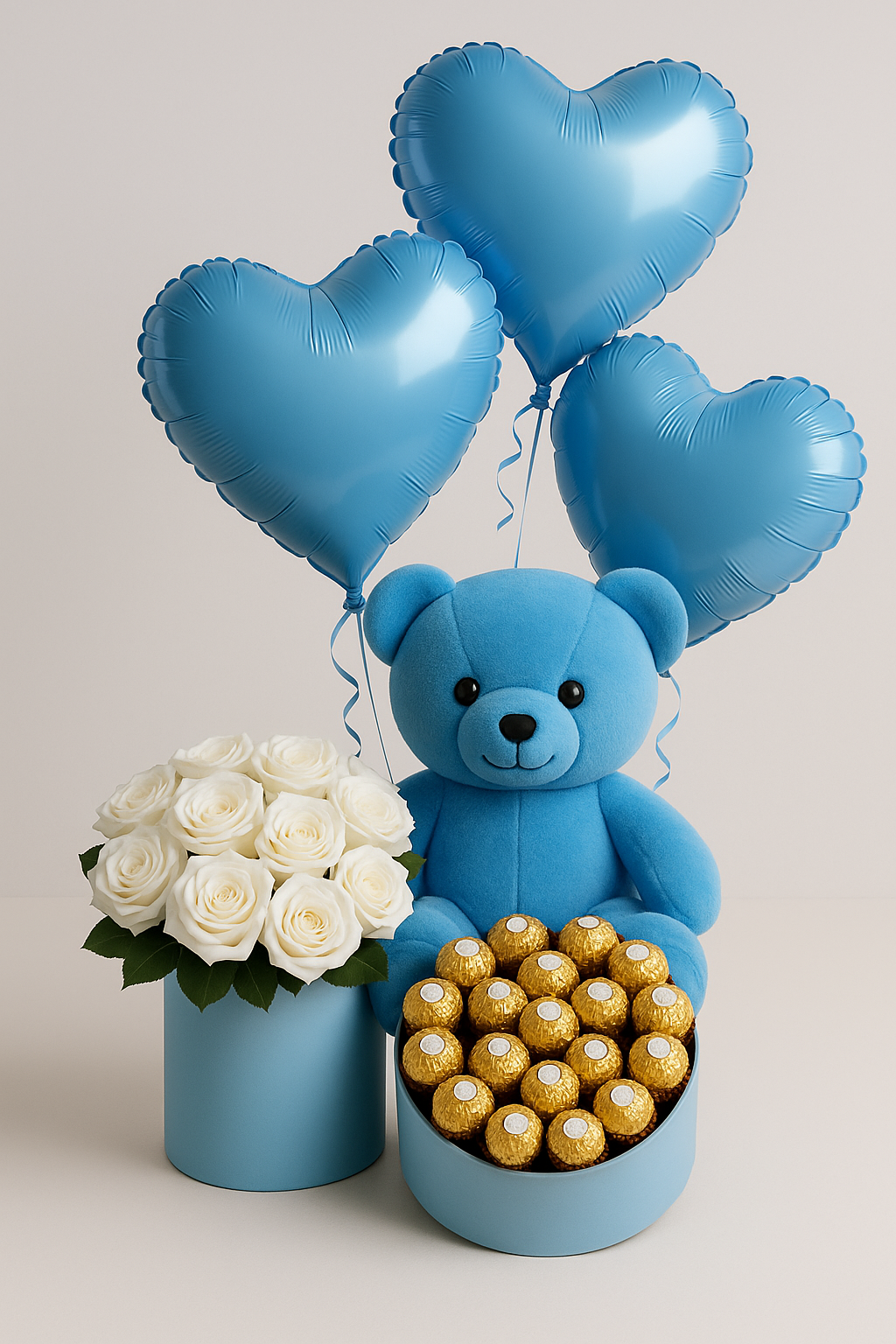 Cielo Azul – Oso, Rosas Blancas y Chocolates 💙